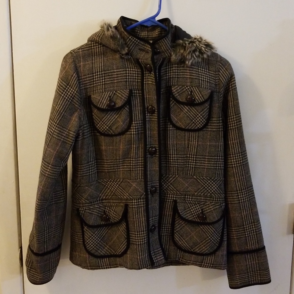 Wool jacket with faux fur trimmed hood